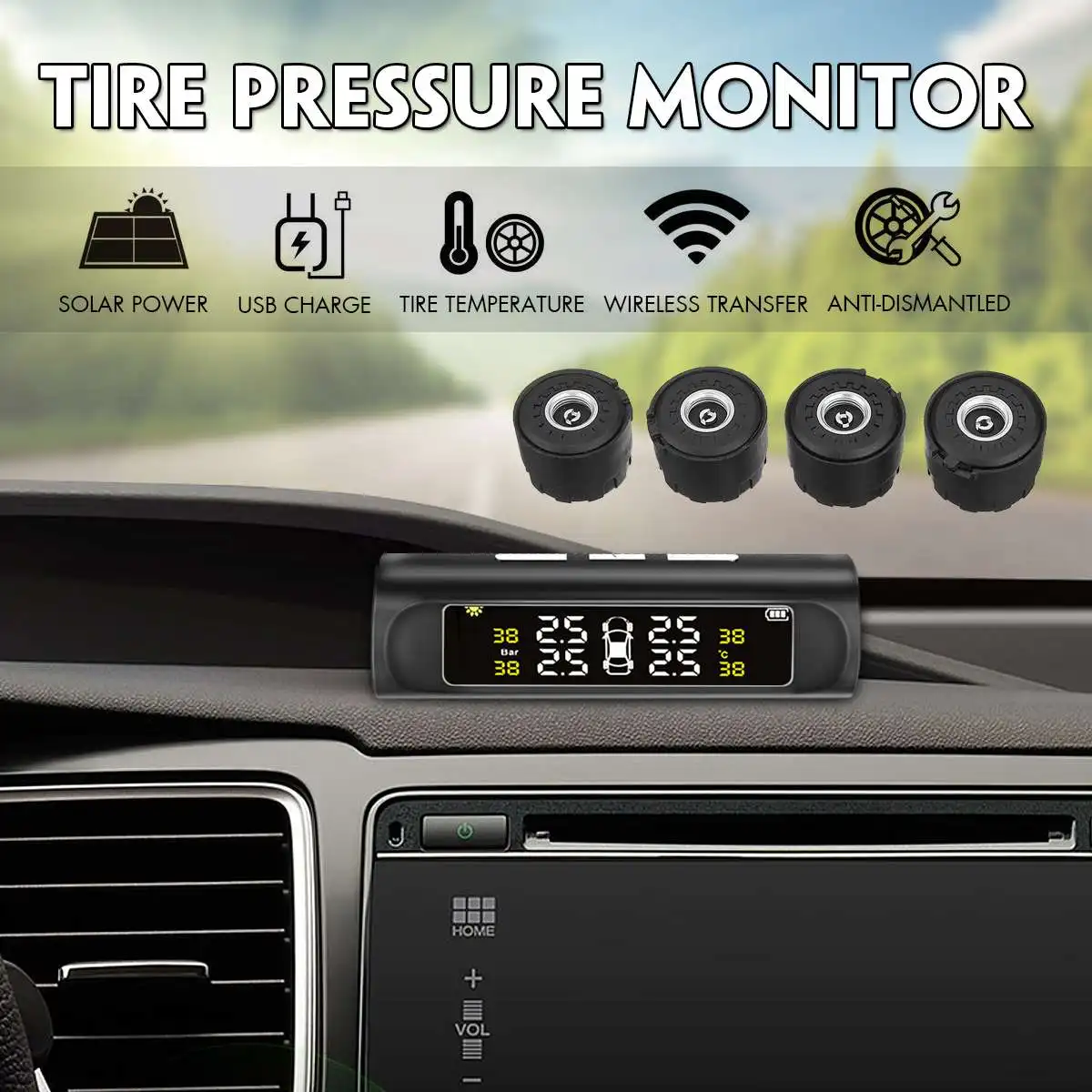 

Smart Car Solar TPMS Tyre Pressure Monitoring System Solar Power Digital LCD Display Auto Security Alarm Systems Tyre Pressure