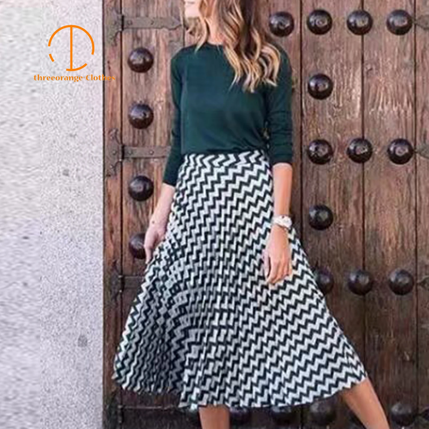 

Summer pleated Skirts women Wave Fold line Stripes Geometric Pattern high waist fashion Casual loose draped long skirt femme
