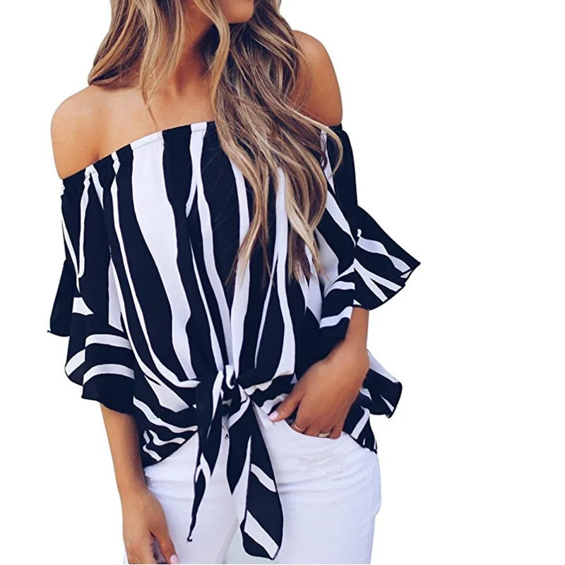 

Striped Bohemian Top Off Shoulder Blouse Chiffon Shirt Ruffle Flare Sleeve Bow Loose Blusas Women Summer Autumn 2019 Boho White