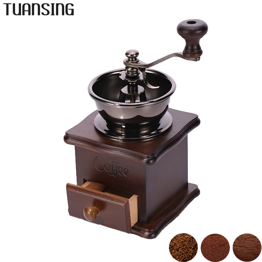 TUANSING Classical Wooden Manual Coffee Grinder Stainless Steel Retro
