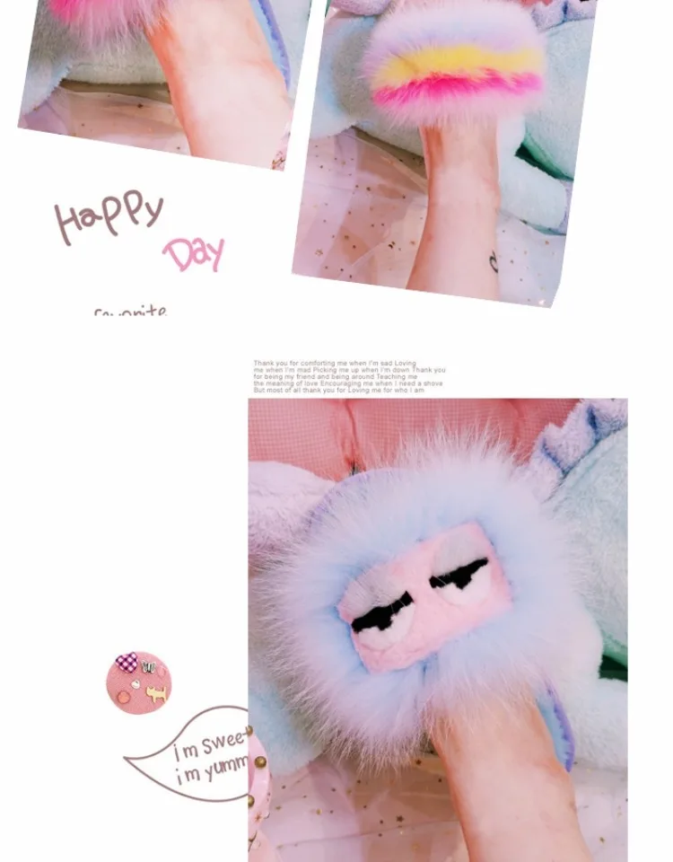 autumn and winter new Japanese candy fox fur flat bottom warm home word female sandals and slippers