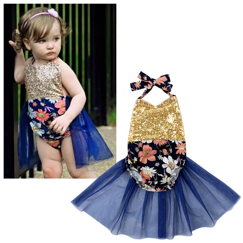 

New Fashion Sweet Baby Girls Sequins Floral Rompers Toddler Infant Mesh Ruffles Halter Summer Fall Rompers 8pcs/lot