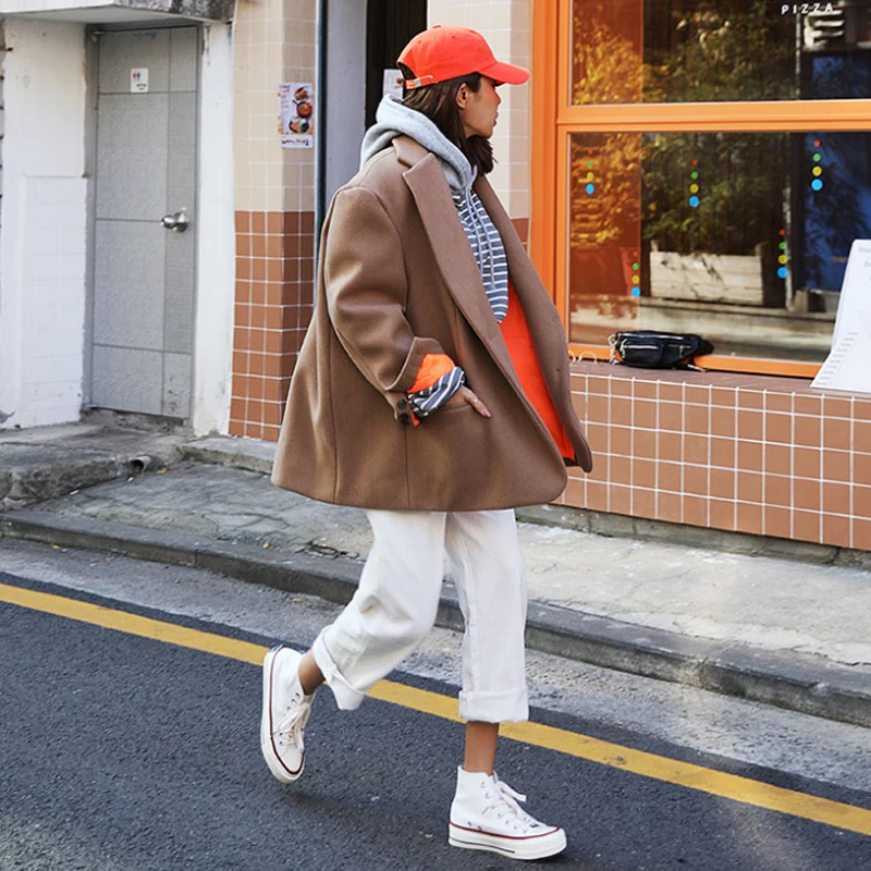 Beste Lanmrem 2020 Lente Nieuwe Casual Mode Vrouwen Losse Plus Temperament Effen Kleur Single Breasted Korte Wollen Jas TC790