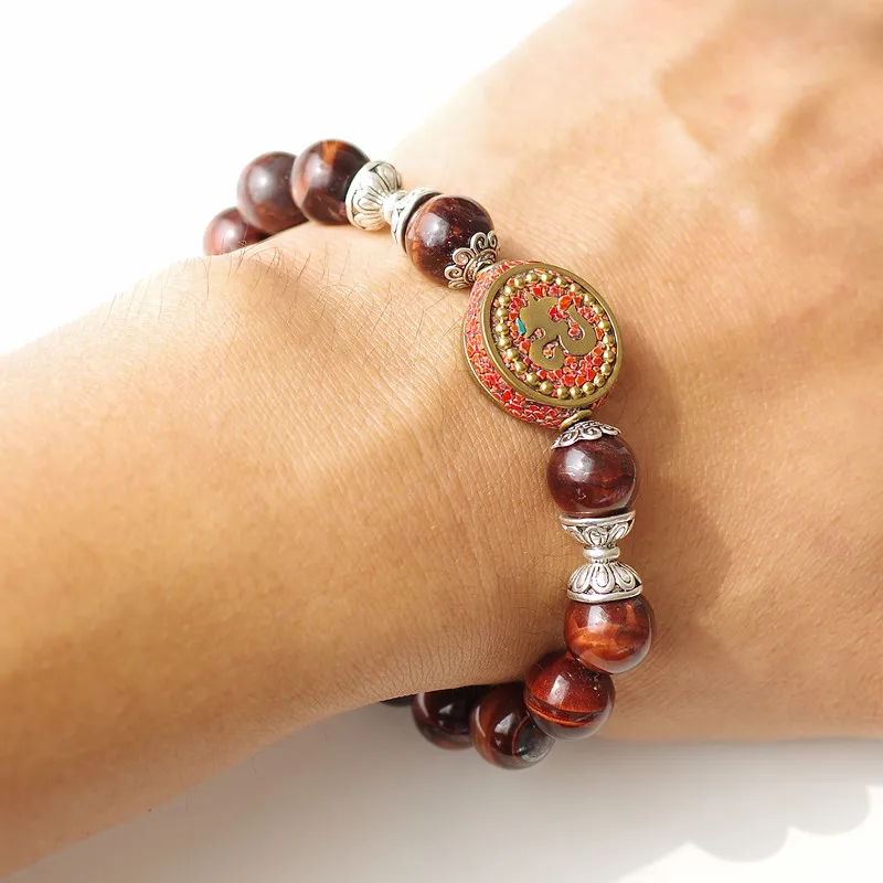 

10mm Red Tiger Eye Beads Strand Charm Chakra Mala Women Men's Bracelet Lucky Prayer Tibetan Buddhist Scripture OM Mala Bracelet