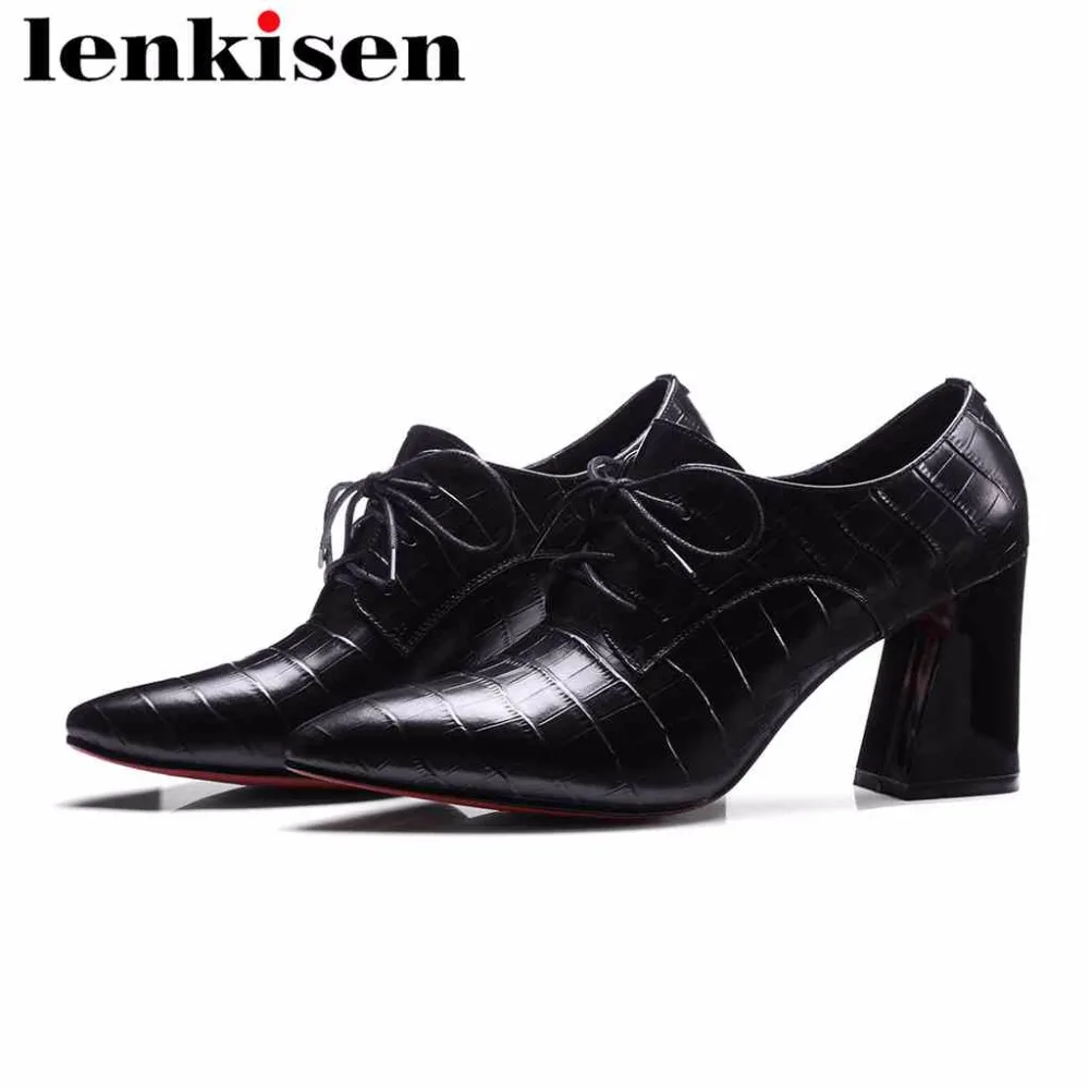

Lenkisen large size shallow genuine leather pointed toe lace up black brand autumn high heels women pop british style pumps L3f5