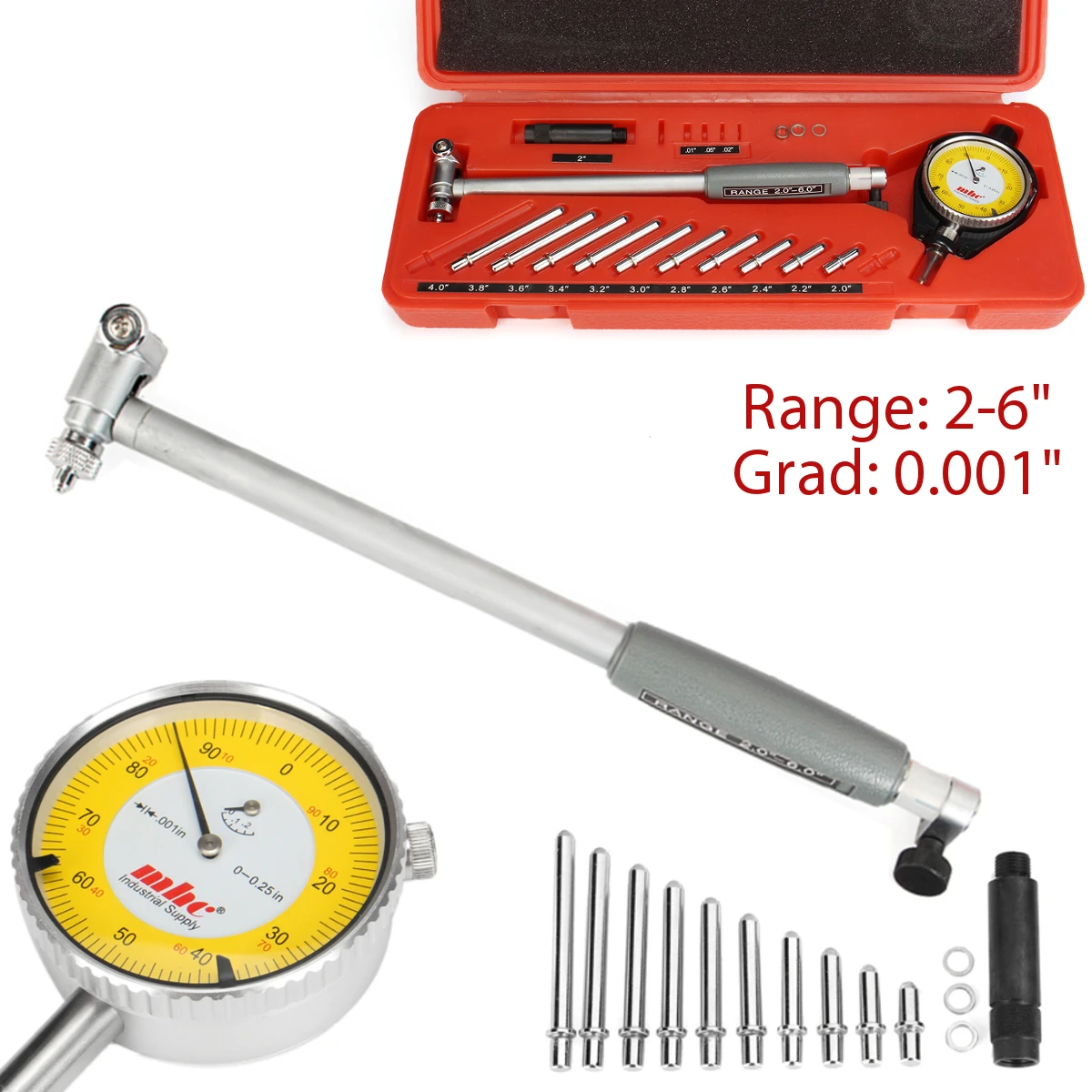 

0.001" Dial Bore Gauge Range 2.0"-6.0" Accuracy Stainless Steel Ball Accurate + Guide Bridge + Anvils Conversion Head Reliable