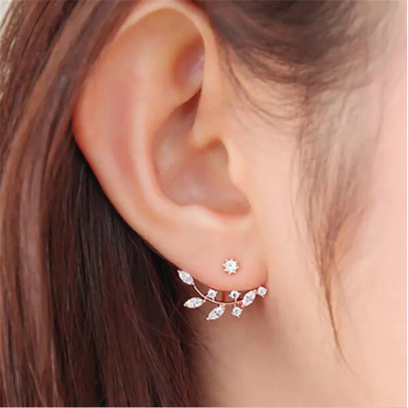 

2018 Aros Oorbellen Fashion Elegant Leaf Crystal Ear Double Sided Swing Zircon Stud Earrings For Women Piercing Jewelry