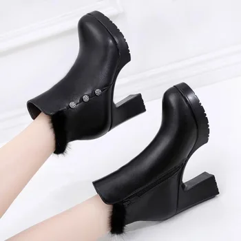 

Autumn and Winter Fluff High Heel Thick with Martin Boots Rhinestones Inlaid Side Zipper Short Boots Large size Women's Boots