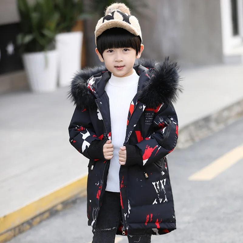 

New Children's Down Dress In Winter Warm Big Boys Down Jacket Big Fur Hood Long Style Teenage Thick Coat Size 120-160 170