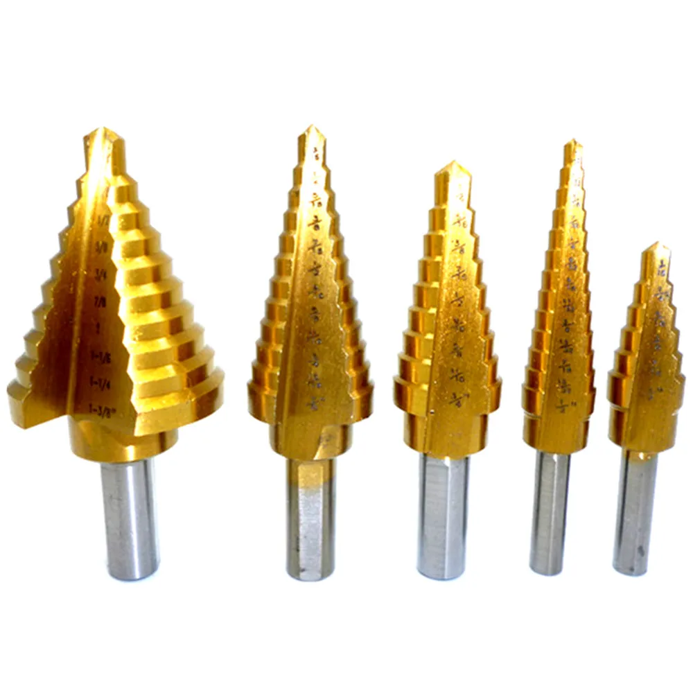 Hot ! New 5pcs High Speed Steel Ladder Step Drills Drill Bits 1/4 1 3/8