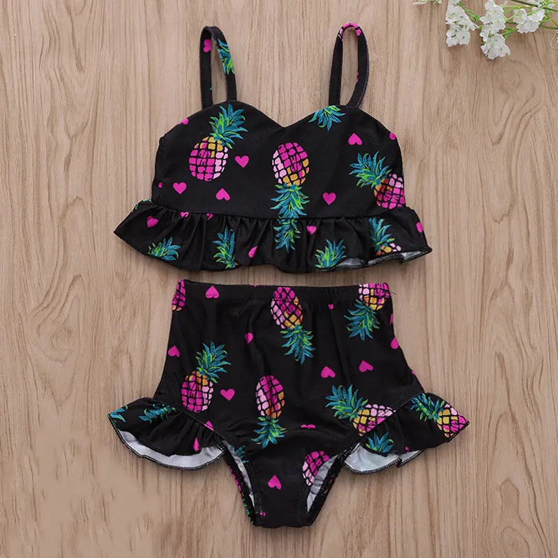 

2pcs/set Kids Girls Swimsuit Tops+Panties Heart Pineapple Print Strappy Ruffled Hem Bathing Suit BM88