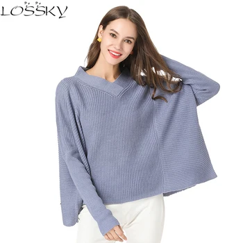 

Loose Knitted Women Pullovers Sweaters Long-sleeved V-neck Casual Sweater 2018 Autumn Winter New Fashion Solid Color Femme Tops