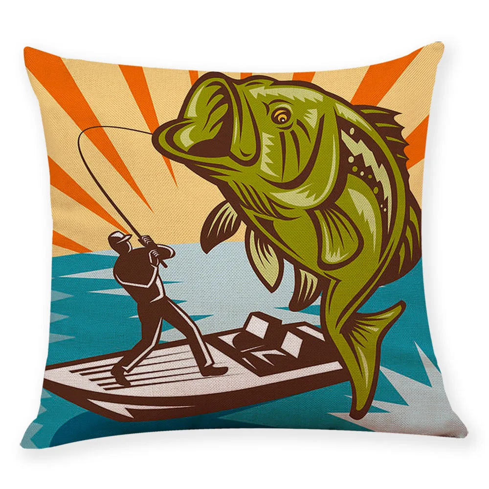 

Quneed Cotton Linen Creative Fishing Pattern Decorative Pillow Case Home Decor Sofa Square Pillow Cover Cushion Cover 45*45