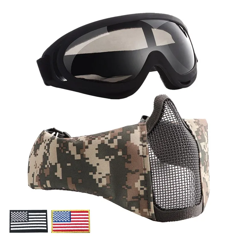 

UV400 Hunting Airsoft Masks Kit Breathable Half Metal Steel Mesh Face Mask Goggles+Armband Set For Hunting Paintball