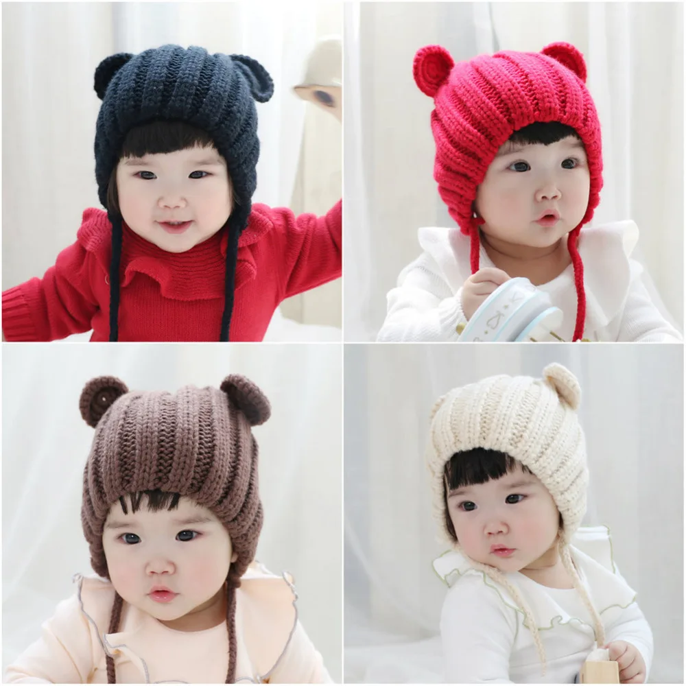 New Baby Knitted Hat Cute Bear Ears Hat Soft Cotton Baby Beanie Solid