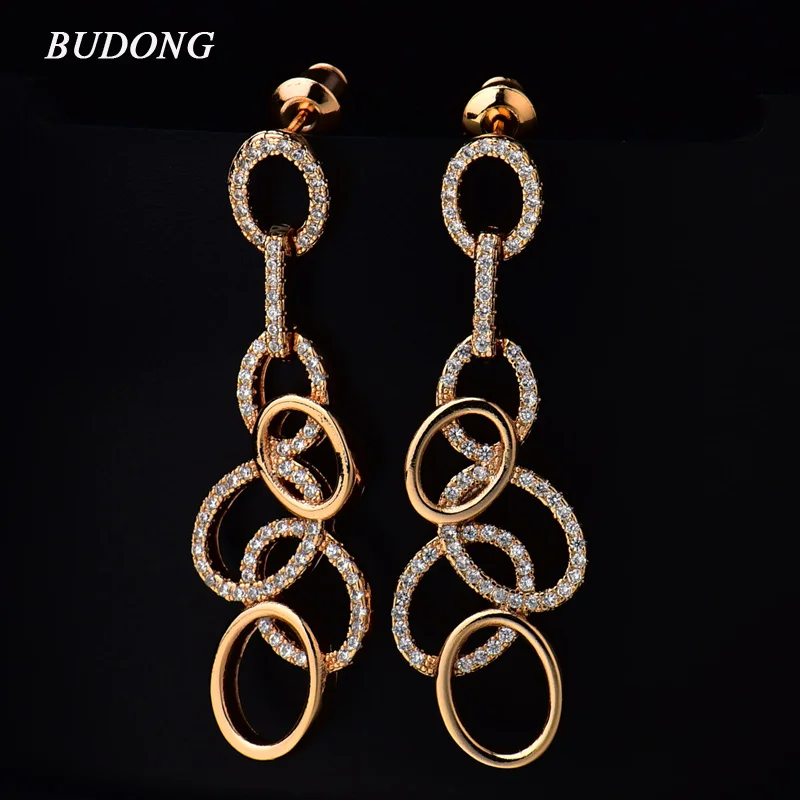 

BUDONG Shining Geometric Circle Long Drop Earrings for Women Silver/Gold Color CZ Zircon Hollow Dangle Earrings Jewelry XUAE024