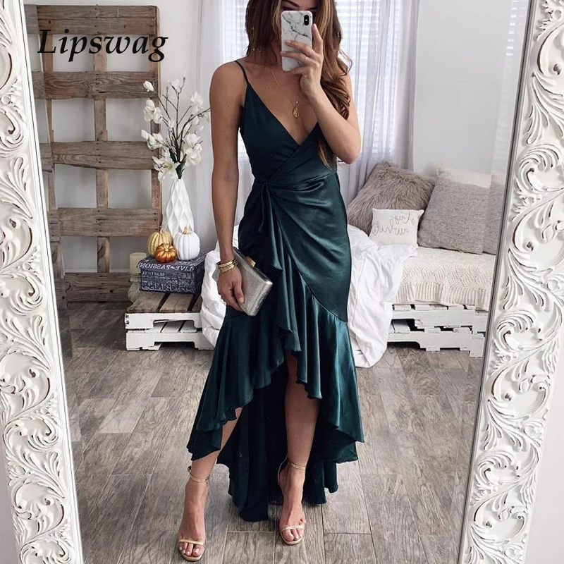 

Lipswag Women Deep V neck Wrap Dress Sexy Strap Backless Irregular Party Dresses Elegant Solid Ruffles Lace Up Dress Vestidos
