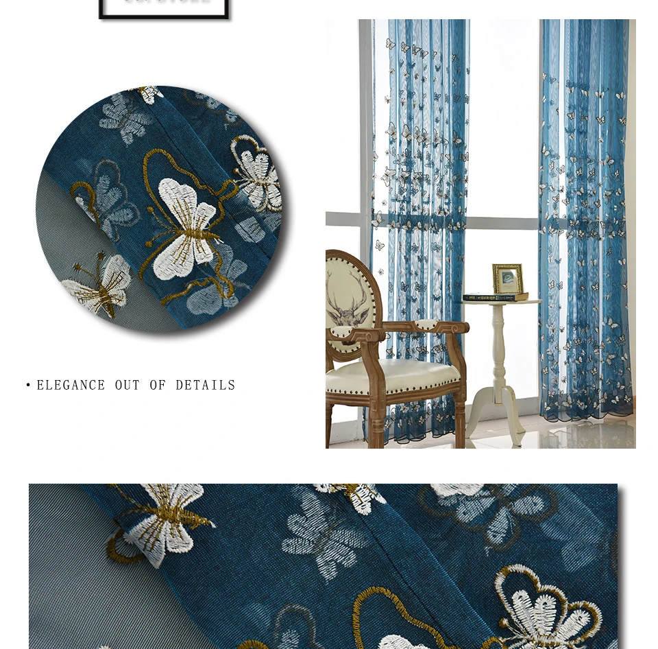 Синие бабочки вышивка тюль шторы для гостиной, спальни кружевные занавески для окон органза вуаль занавески, шторы Voilage бабочки на шторы