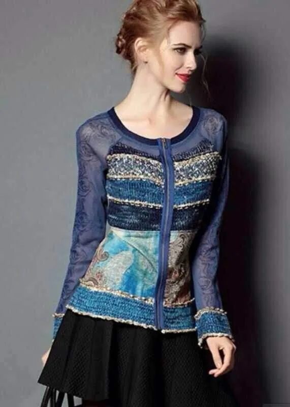 

Six Items Ladies Cardigan Long Sleeve Ethnic Knitted Zipper Sweater Coat Patch Mesh Print Women Cardigans Slim Luxury European