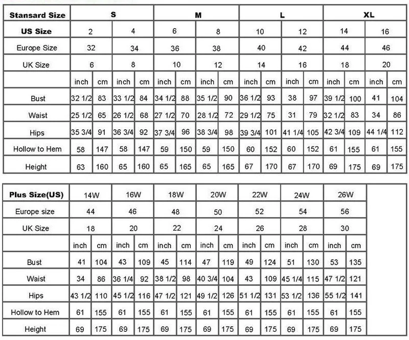 Prom Dress Size Chart Us