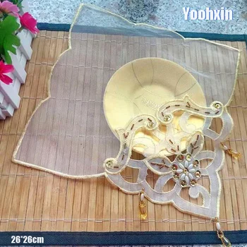 

HOT sequin gold Lace embroidery placemat cup coaster mug kitchen pot tablecloth table place mat cloth tea beer doily wedding pad