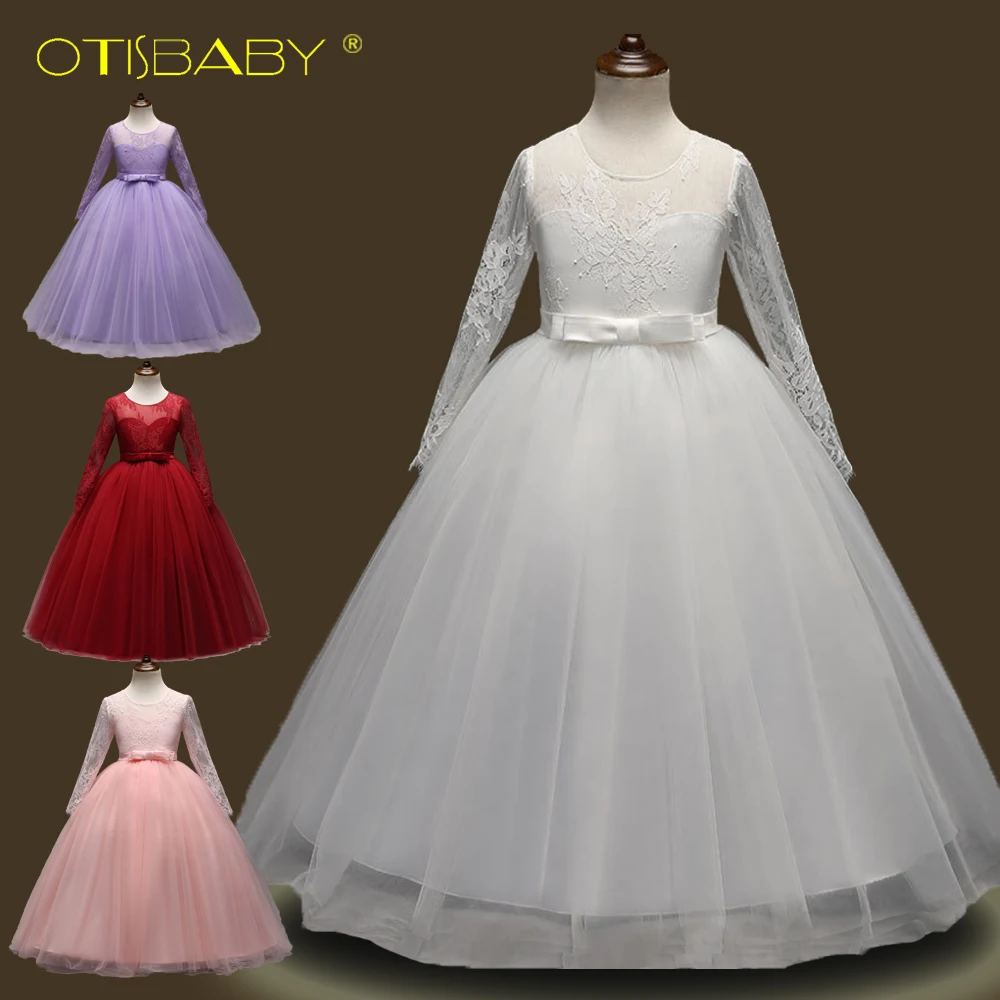 

NEW 5-14Yrs Child Lace Flowers Dress for Girls White Full Mesh Wedding Party Princess Long Dress Elegant Gown Children Clothing