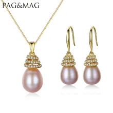 PAG & MAG Marca de Luxo Big 10-11mm Pérola Conjuntos de Jóias de Pérolas de Alta Qualidade de 925 Libras Esterlinas Mulheres Prata Acessórios de jóias Por Atacado