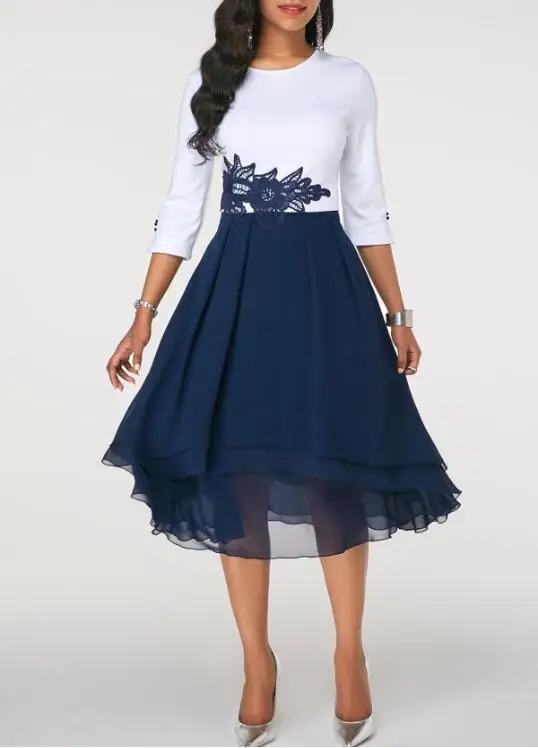 

Sakazy Casual A-line Solid Half None Mid-calf Regular Empire O-neck Autumn Women Dress Pure Chiffon Lace Patch Princess dress