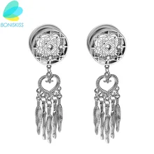 Boniskiss borla brincos de aço inoxidável túnel plugues de ouvido expansor oreja orelha expansor feminino/masculino oco pena piercing