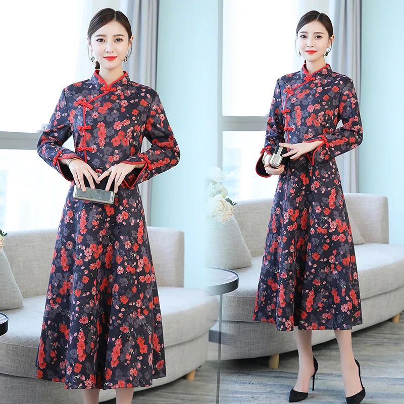 

Women's dress large size M-3XL 2019 spring new improved cheongsam dress fashion slim printed dress high quality elegant vestidos