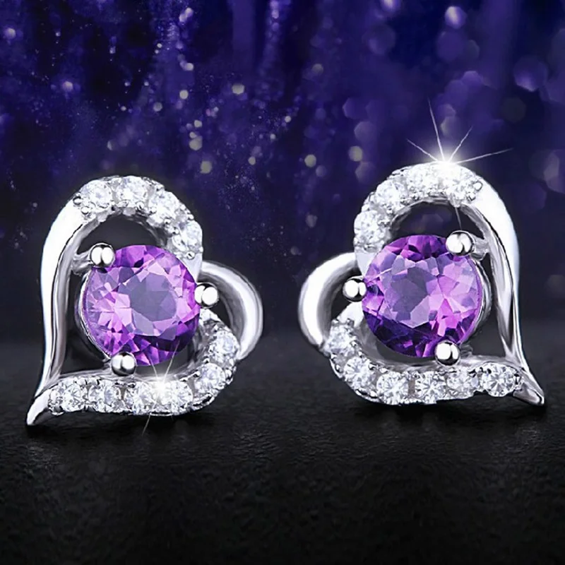 

2019 New Fashion White Purple Zircon Heart Stud Earrings For Women Ladies Girls Birthday Party Gifts Jewelry Wholesale