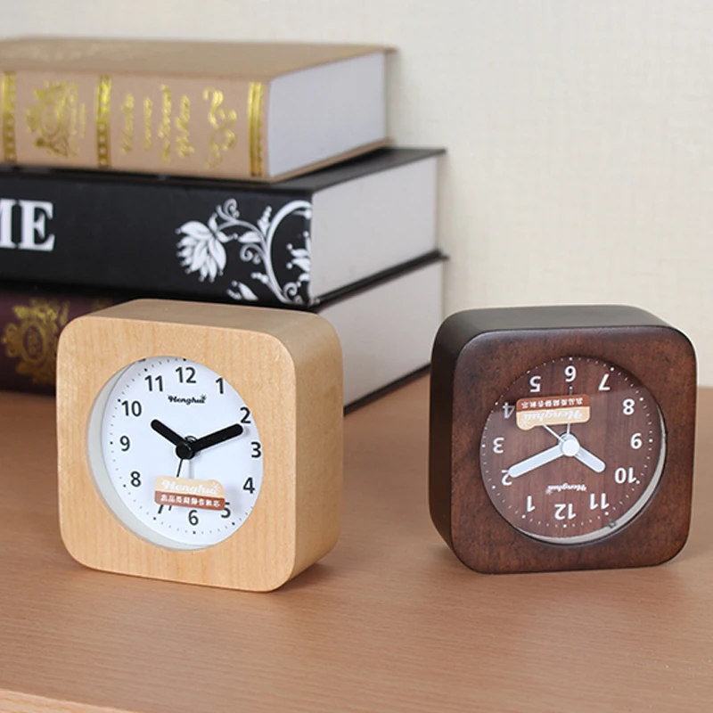 

Alarm Clock Arabic Numerals Square Nature Wood Quartz Bedside Desk NonTicking Sweep Analog with SnoozeNight Light Feature