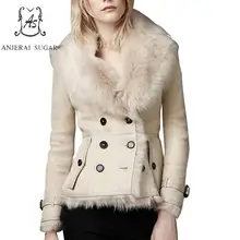 Зимняя женская короткая куртка из натуральной шерсти, меховое пальто, бежевое сексуальное приталенное двубортное Женское пальто из натурального овечьего меха