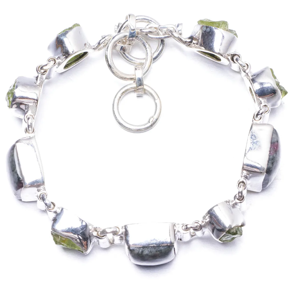 

Natural Rhodonite and Peridot Handmade Unique 925 Sterling Silver Bracelet 5 1/2-6 1/4" Y1903