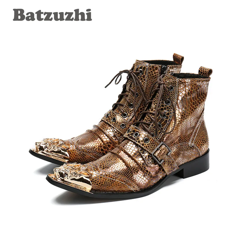 Batzuzhi New Arrival Men's Ankle Boots Golden Snake Pattern Leather Short Boots Men with Golden Toe Motocycle Boots botas hombre цена Batzuzhi New Arrival Men's Ankle Boots Golden Snake Pattern Leather Short Boots Men with Golden Toe Motocycle Boots botas hombre цены онлайн