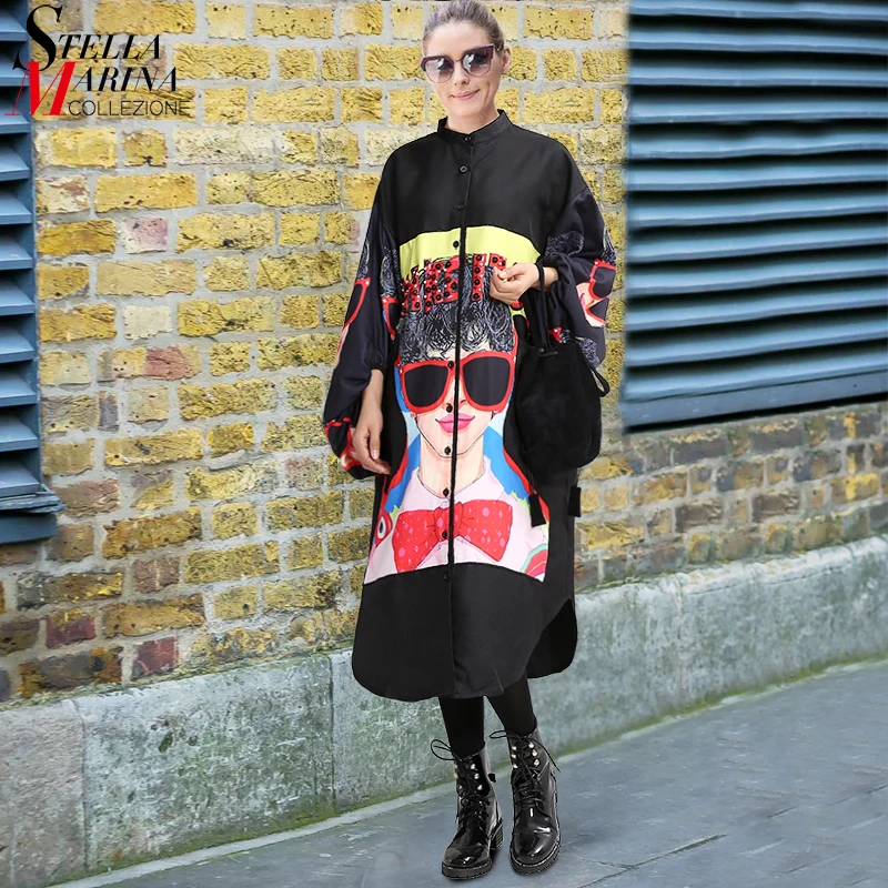 New 2018 Women Plus Size Long Black Printed Shirt Dress Lantern Sleeve Boho Chic Style Female Big Size Loose Dress Vestidos 2912