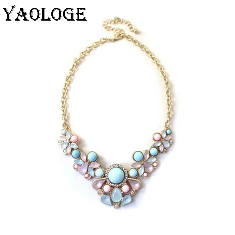 

YAOLOGE Bohemian Crystal Statement Necklace Collar Blue Yellow Colorful Rhinestone Flower Bead Pendant Choker Necklace for Women
