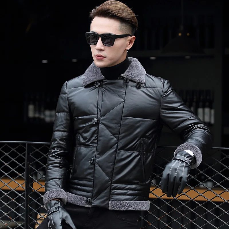 Мужская куртка из натуральной кожи, шуба из овчины, зимнее пальто для мужчин, приталенная Корейская черная верхняя одежда, тонкий пуховик, парка размера плюс ZT337