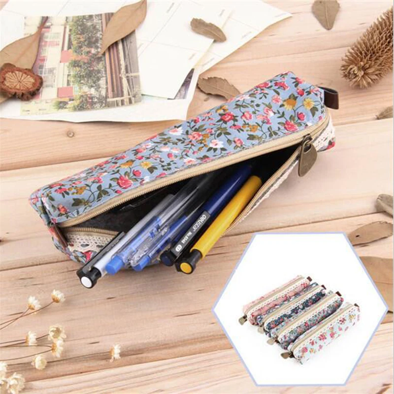 Fashion Mini Retro Flower Floral Lace Pencil Shape Pen Bag Make Up Bag Zipper Pouch Purse 1 Pcs Pencil Cases Pen Storage Bag