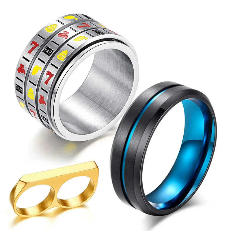 

Fruit Slot Machine Rotating Stainless Steel Ring Party Gambling Game Ring for Women Men Brushed Black Blue Two-tone Matte Ring
