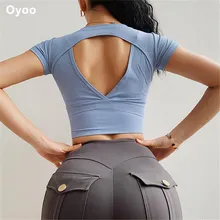 Oyoo, укороченный топ с открытой спиной для йоги, тянущийся топ-хомут с открытой спиной для спортзала, Женский Топ, Спортивная футболка с короткими рукавами, спортивная одежда для тренировок