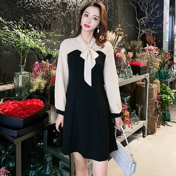 

Plus Size A-line Dress 2018 Autumn Women Black Beige Full Sleeve Bow Elegant Party Dress Dot Vintage Work Club Dresses Sukienka