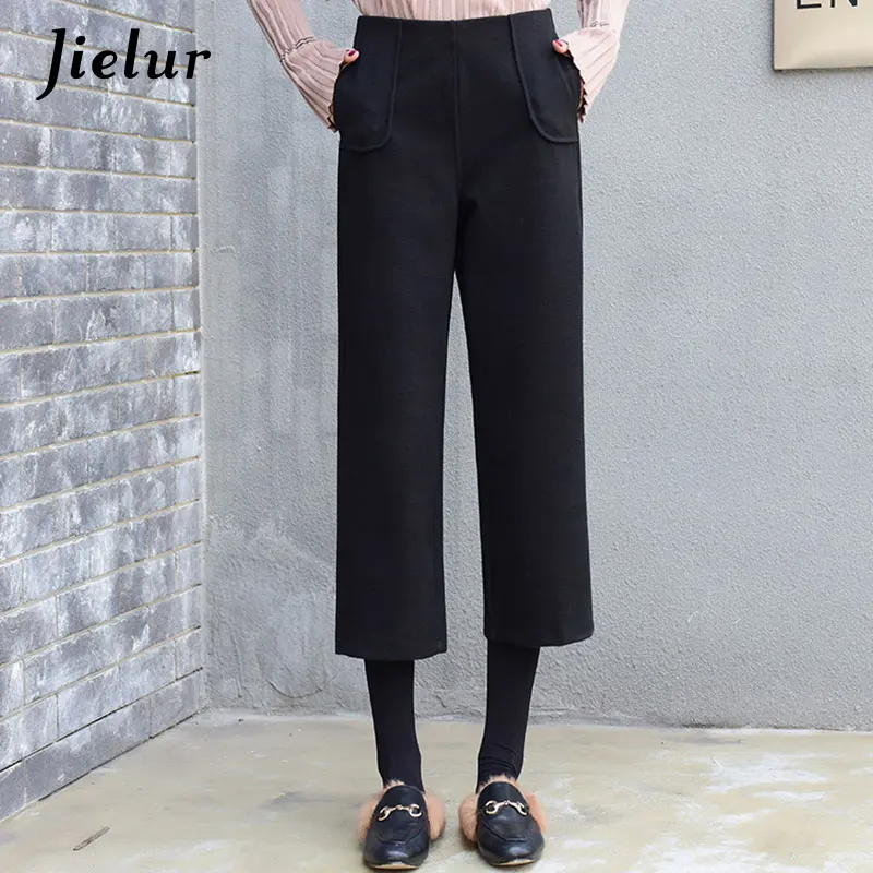 Jielur широкие брюки Капри женские с высокой талией карманы повседневные Прямые укороченные брюки зимние корейские свободные черные брюки для женщин - Цвет: Черный