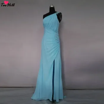 

TaoHill Elegant Blue Chiffon Bridesmaid Dress Applique Beads Pleats Mermaid Party Dresses Slit One Shoulder Bridesmaid Gown