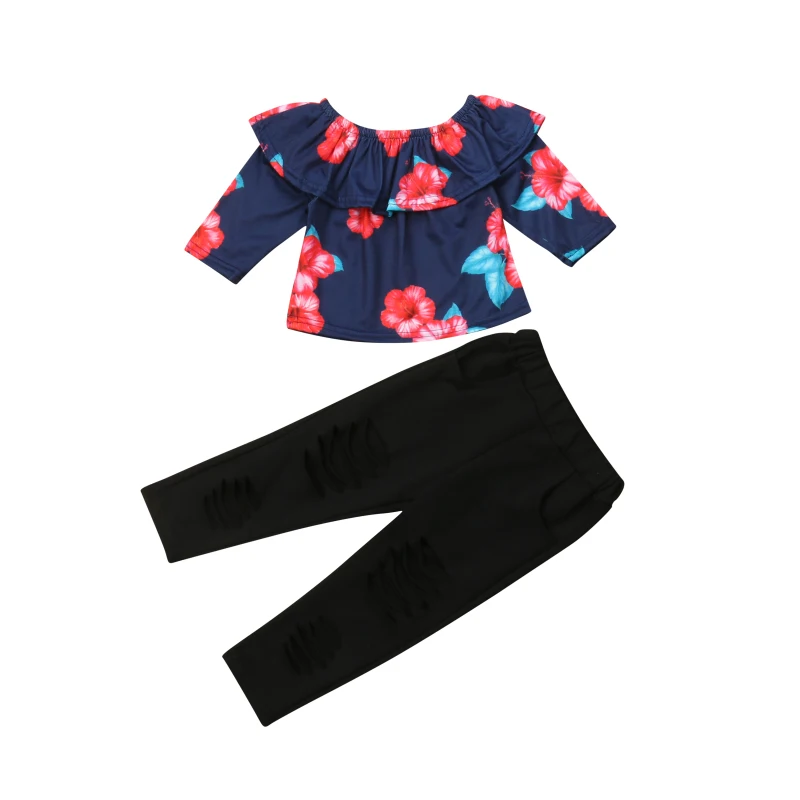

Toddler Kids Baby Girls Cotton Flower Off Shoulder Top Long Floral Pants Outfit Clothes