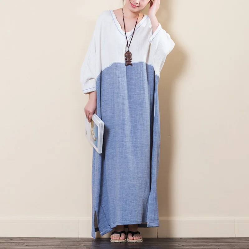 

Johnature Women Fall Plus Size Dresses Cotton Linen Bat Sleeve 2019 Autumn New Loose V-Neck Half Sleeve Robes Vintage Dresses
