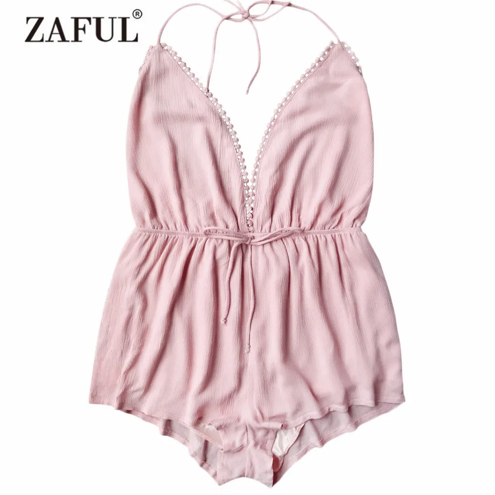 

ZAFUL New Halter Plunge Beach Cover Up Solid Halterneck Crochet Trim Open Back Self Tie Back Playsuit Summer Beach Cover Ups