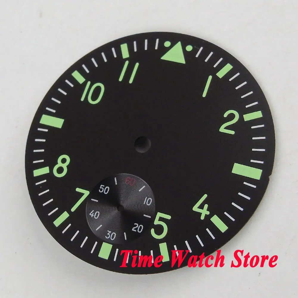 

Parnis 38.9mm black sterial dial fit ETA 6498 hand winding movement Watch dial Luminous green marks D108