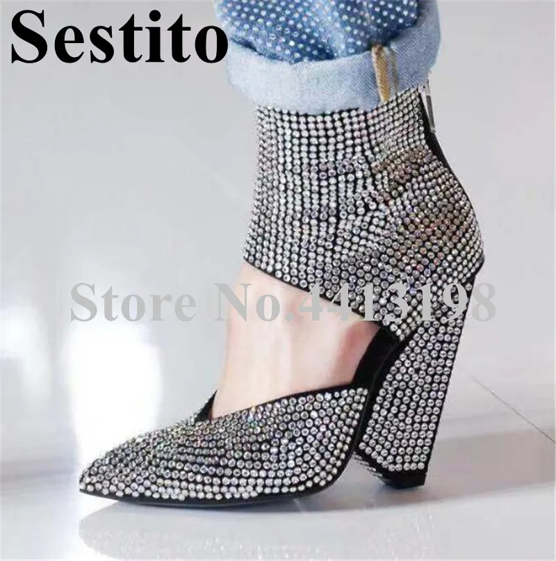 

Fashion Black Crystal Diamond Bling Pointed Toe Hollow Boots Spike Heels Ankle Boots For Women Cover Heel Casual Women's Shoes