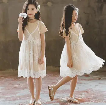 

2019 new wholesale girls 2 pcs set cotton dress+lace dress fashion summer girls suit 4-9t B225